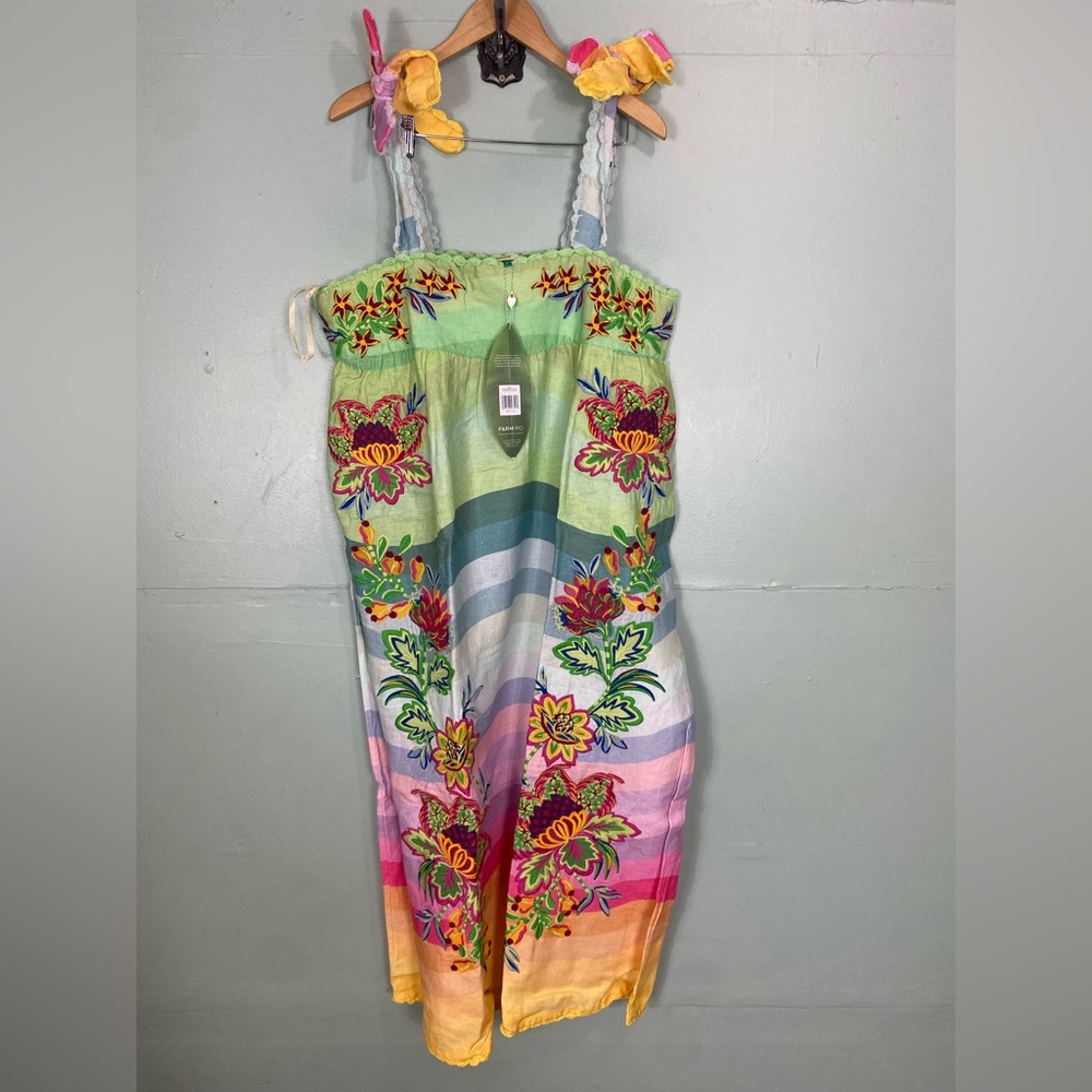 FARM Rio Aura Floral Embroidered Tunic Maxi Dress Rainbow Multicolor Large Linen - Picture 2 of 6